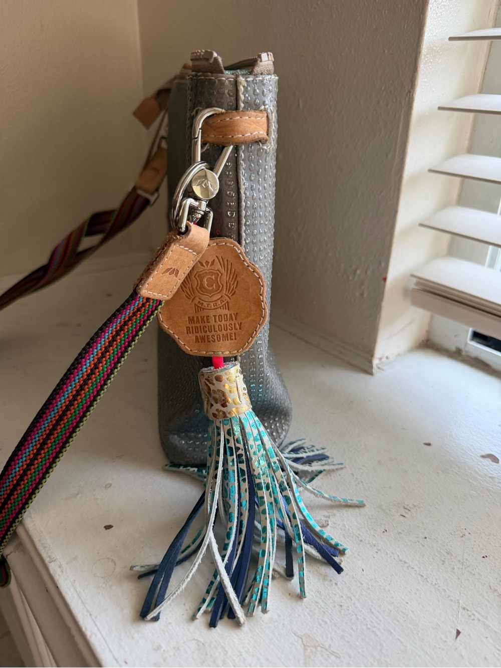 Taupe Leather Crossbody Bag with Colorful Woven Strap - Picture 10 of 13